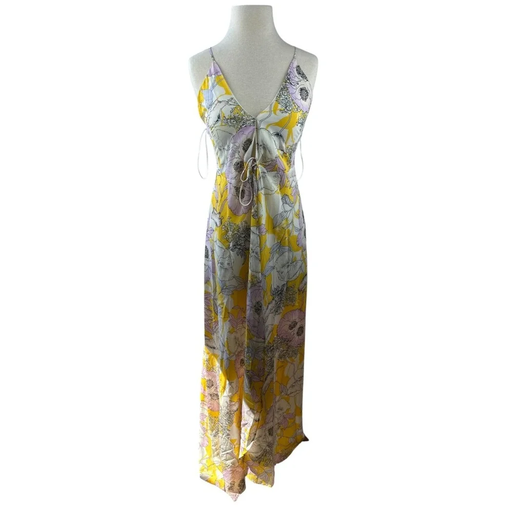 Yumi Kim Anthropologie Silk Floral Maxi Dress Rush Hour Wrap Tie Front Yellow XS - Picture 2 of 16